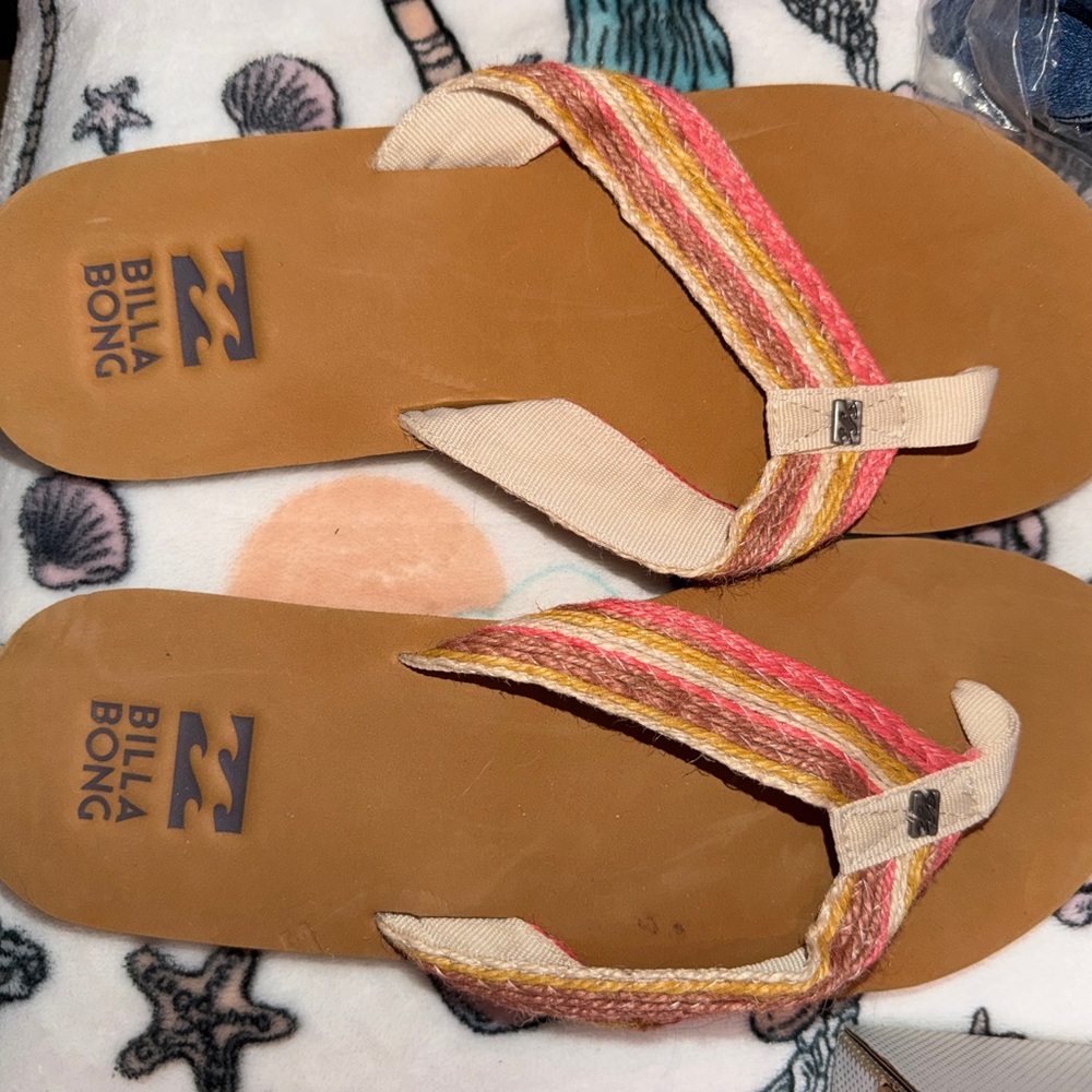 Billabong Tan Footbed Flip Flops with Pink, Yellow & Cream Straps New